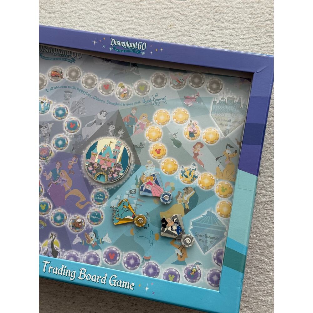 NEW Disneyland 60th Diamond Anniversary Pin Trading Board Game with 4 Pins Rare - Picture 2 of 8